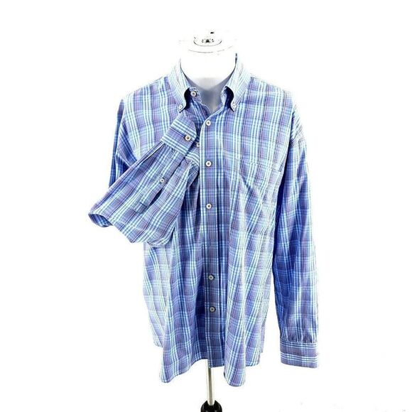 Alan Flusser Large Blue Multi Colored Plaid‎ Cotton Front Pocket Button Down - Picture 1 of 8
